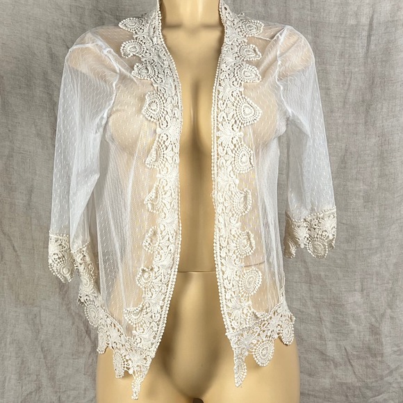 Unbranded Sweaters - Sheer Lace Mesh Cardigan Shrug Womens One Size White 3/4 Sleeve Boho Coquette